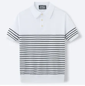 Detailed view of white knit polo shirt featuring black horizontal stripes and collar