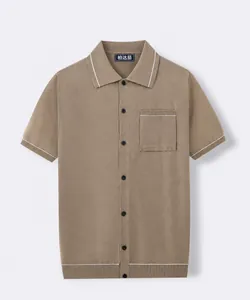Front view detail showing a khaki short-sleeve knitted polo shirt with white accents