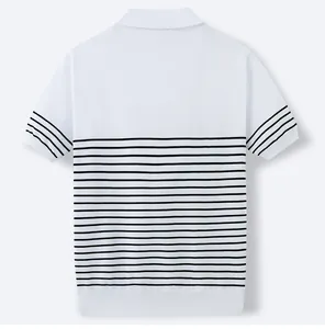 Back view of a white men's knitted polo shirt featuring elegant black horizontal stripes