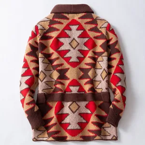 Men's American style geometric jacquard thick knitted cardigan with belt, back view.