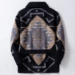Men's vintage geometric jacquard knit cardigan sweater coat with belt back view
