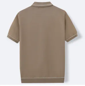 Detailed back view of a men's brown short-sleeved knitted polo shirt with white trim