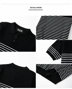 Close-up of men's black and white striped knitted polo shirt detailing collar and fabric.