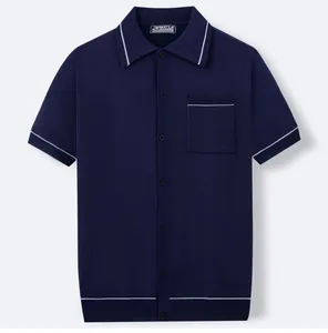 Detailed front view of navy blue knitted button-down polo shirt with white tipping