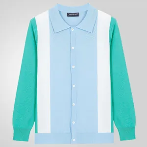 Men's knitted polo shirt featuring retro color-block stripes and a long-sleeve cardigan design