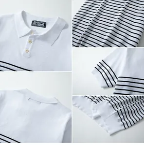 Close-up details of men's white knitted polo shirt with black stripes and collar