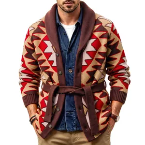 Heavyweight American style geometric jacquard knit cardigan with belt for men