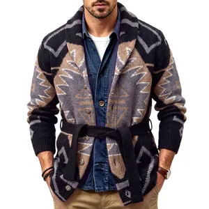 Vintage geometric jacquard knit cardigan for men with waist belt