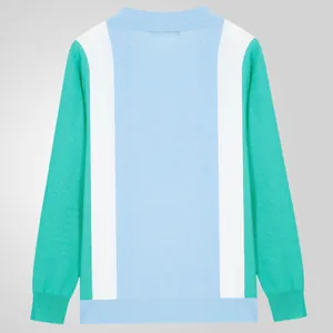 Back view of men's color-block striped long sleeve knitted polo shirt