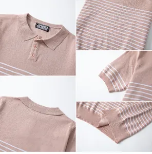 Detailed views showing the collar, fabric texture, and stripes of this pink knit polo.