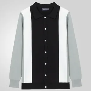 Men's long-sleeve knit polo cardigan featuring vertical black, white, and grey color-block stripes