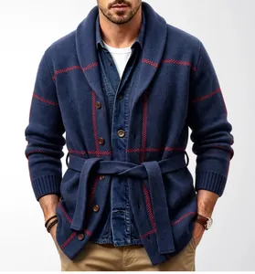 Detail of men's navy blue shawl collar cardigan with red jacquard lines and belt