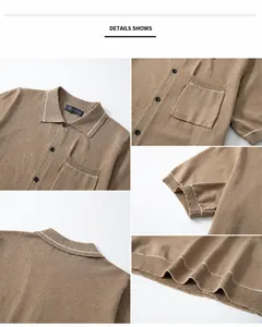 Detailed macro shots of a khaki men's knitted polo shirt featuring pocket and stripe trim