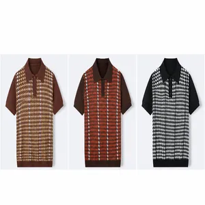Men's houndstooth knit polo shirts in yellow, red, and white color options