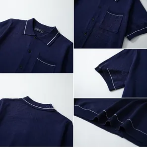 Close-up details of navy blue knit polo shirt featuring white contrast stripes and pocket