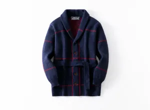 Men's vintage navy blue windowpane check knit cardigan with belt and shawl collar