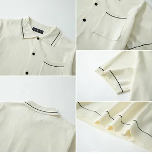Close-up details of cream knit polo shirt showing contrast piping and pocket texture