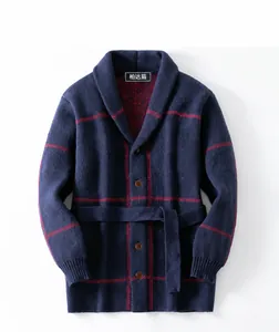 Vintage navy blue men's thick knit cardigan with red striped jacquard and waist belt