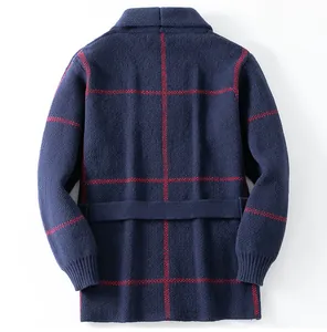 Back view of men's vintage navy blue knit cardigan with red checkered pattern lines.