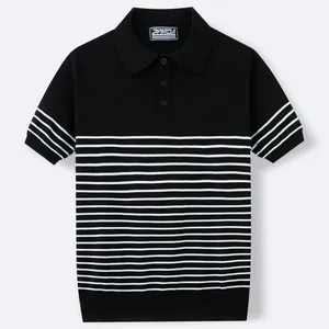 Classic black and white striped knitted polo shirt for men with short sleeves and lapel.