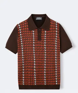 Men's short-sleeve polo shirt featuring a classic brown and orange houndstooth jacquard pattern