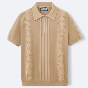 Men's business casual short sleeve knitted polo shirt with half-zip and zigzag pattern