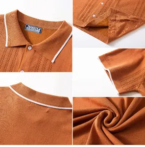 Detailed close-ups of men's orange knitted Polo shirt showing fabric texture and buttons