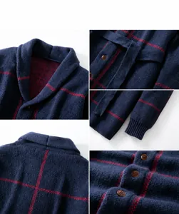 Detail views of a thickened retro jacquard knit cardigan for men with buttons and belt.