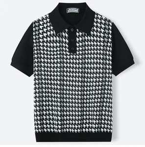 Detailed front view of men's casual business houndstooth contrast knit polo shirt