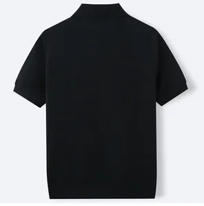 Detailed back view of a premium black short-sleeved knitted polo shirt for professional men's wear