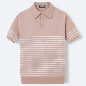 Premium men's horizontal striped knit polo shirt with casual ribbed collar in dusty rose