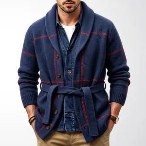 Premium vintage men's blue thick knit cardigan with red jacquard lines and matching belt