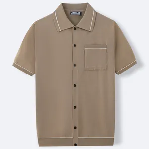 Men's casual khaki knitted short-sleeve polo cardigan featuring a chest pocket and contrast trim