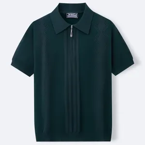 Men's dark green business casual knit polo shirt with geometric pattern and half-zip