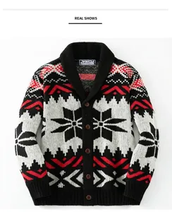 Retro heren gebreid vest met jacquard patroon, sjaalkraag en sneeuwvlokmotief design