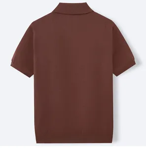 Back view of a men's reddish-brown short-sleeve knit polo shirt with ribbed hem