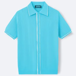 Premium light blue men's short-sleeved knitted button-down polo shirt with white trim