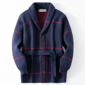 Men's premium navy blue shawl collar knit cardigan with red grid pattern and belt