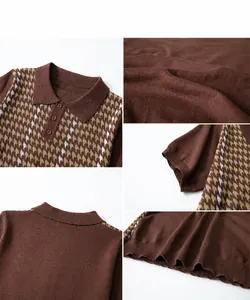 Close-up details of brown houndstooth knit polo shirt with jacquard pattern and collar