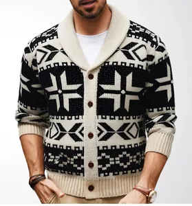 Detail van het vintage geometrische patroon op de heren gebreide cardigan met sjaalkraag