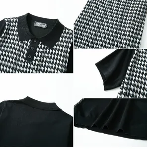 Detailed views of the houndstooth jacquard fabric and stitching on this men's polo shirt.
