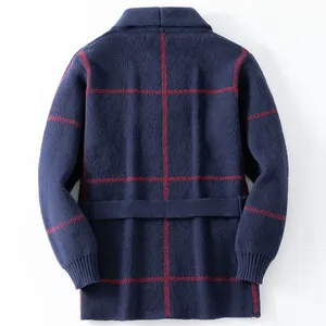 Men's retro navy blue windowpane check knitted cardigan long sweater, back view display