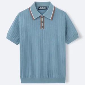 Men's blue short-sleeved knit polo shirt with vertical texture and striped collar