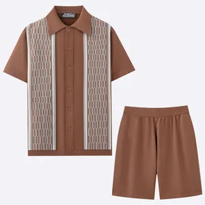 Men's casual brown knitted two-piece set featuring a jacquard short sleeve shirt and shorts.