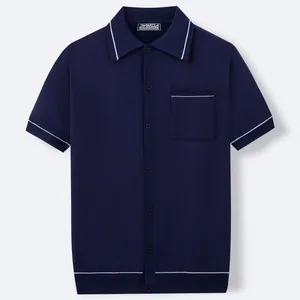 Navy blue men's short sleeve knit polo shirt with white stripe details and pocket