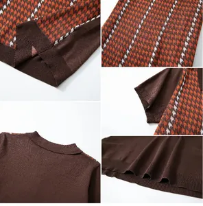 Close-up details of brown houndstooth knit polo shirt showing texture and stitching.
