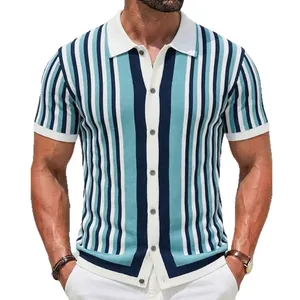 Men's retro striped knitted short-sleeved polo cardigan with casual lapel and button-down