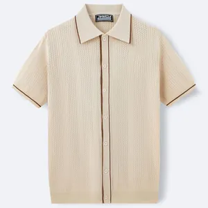 Men's casual beige knit polo shirt with brown contrast piping and button-down front