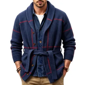 Men's navy blue plaid knitted cardigan with shawl collar and waist belt, retro style