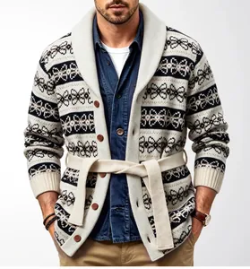 Close-up view of a men's vintage patterned shawl collar knit cardigan with waist belt